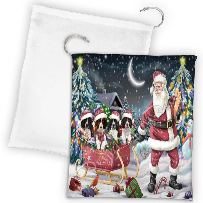 Santa Sled Dogs Christmas Happy Holidays Springer Spaniel Dogs Drawstring Laundry or Gift Bag LGB48744