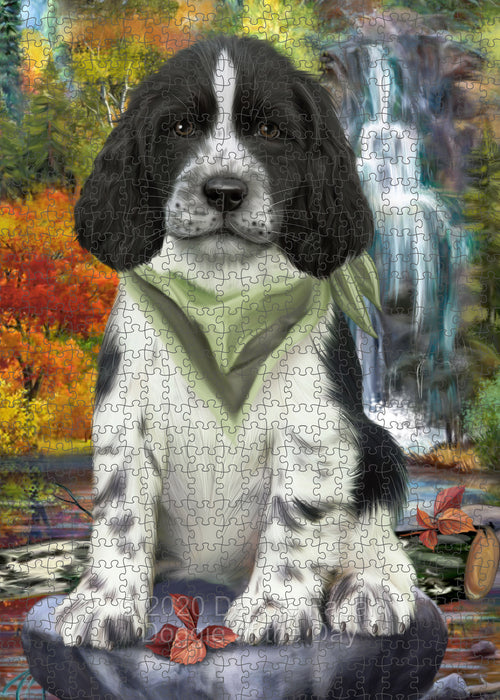 Scenic Waterfall Springer Spaniel Dog Portrait Jigsaw Puzzle for Adults Animal Interlocking Puzzle Game Unique Gift for Dog Lover's with Metal Tin Box PZL688