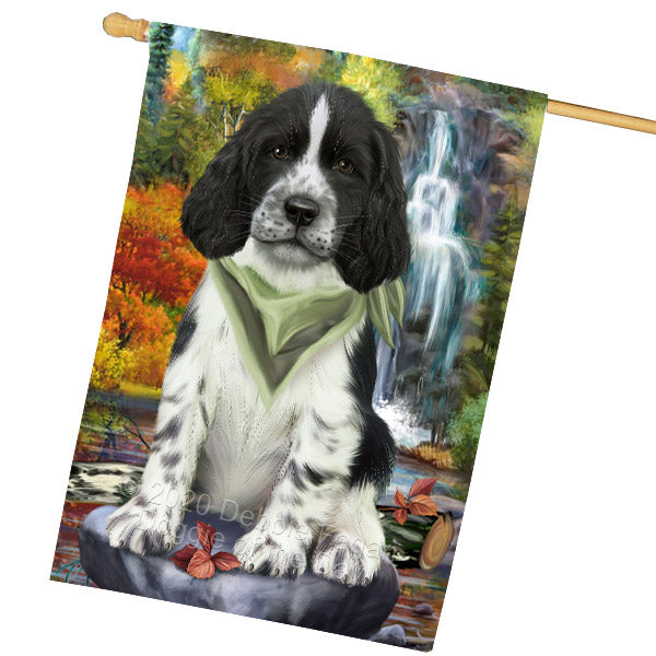 Scenic Waterfall Springer Spaniel Dog House Flag Outdoor Decorative Double Sided Pet Portrait Weather Resistant Premium Quality Animal Printed Home Decorative Flags 100% Polyester FLG69269