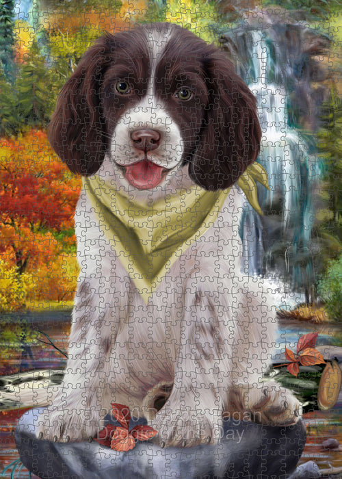 Scenic Waterfall Springer Spaniel Dog Portrait Jigsaw Puzzle for Adults Animal Interlocking Puzzle Game Unique Gift for Dog Lover's with Metal Tin Box PZL689