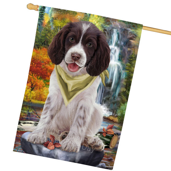 Scenic Waterfall Springer Spaniel Dog House Flag Outdoor Decorative Double Sided Pet Portrait Weather Resistant Premium Quality Animal Printed Home Decorative Flags 100% Polyester FLG69270