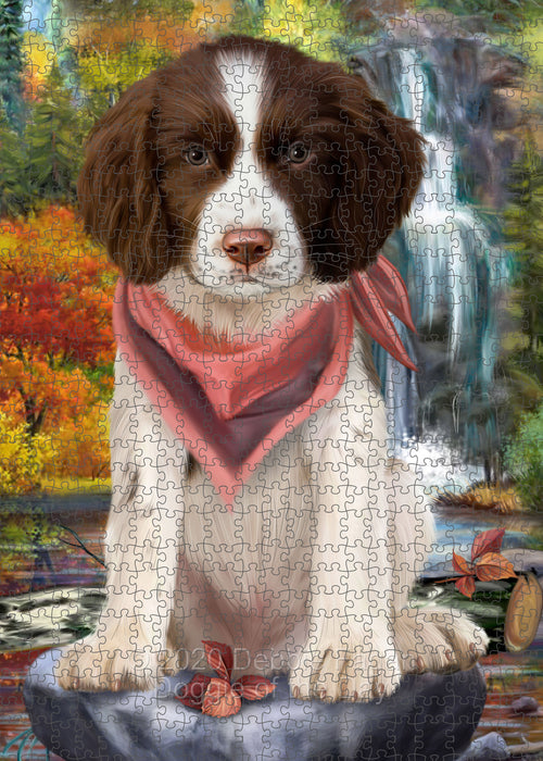 Scenic Waterfall Springer Spaniel Dog Portrait Jigsaw Puzzle for Adults Animal Interlocking Puzzle Game Unique Gift for Dog Lover's with Metal Tin Box PZL690