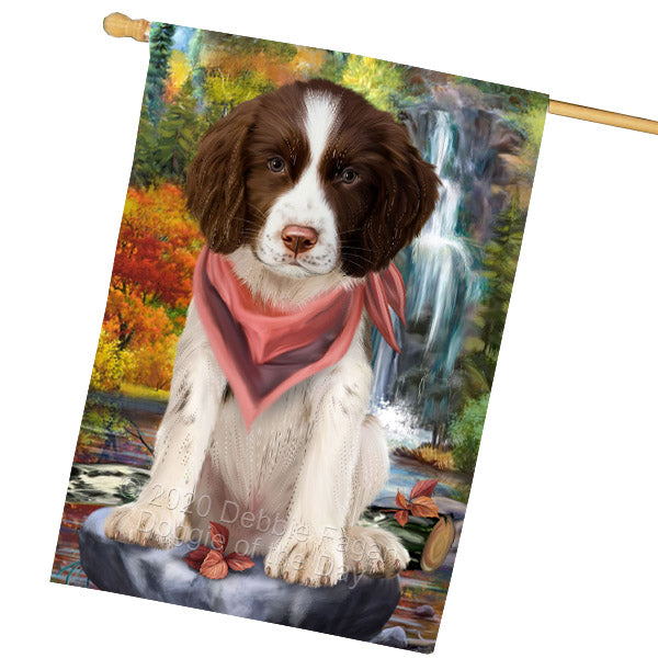 Scenic Waterfall Springer Spaniel Dog House Flag Outdoor Decorative Double Sided Pet Portrait Weather Resistant Premium Quality Animal Printed Home Decorative Flags 100% Polyester FLG69271