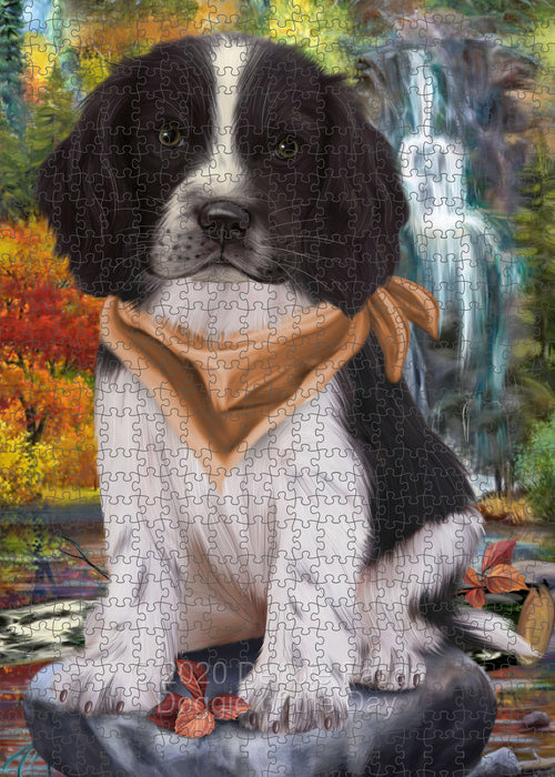 Scenic Waterfall Springer Spaniel Dog Portrait Jigsaw Puzzle for Adults Animal Interlocking Puzzle Game Unique Gift for Dog Lover's with Metal Tin Box PZL691