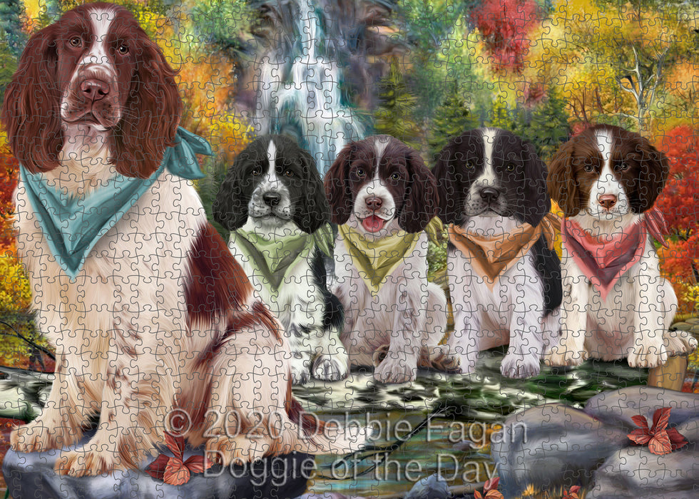 Scenic Waterfall Springer Spaniel Dogs Portrait Jigsaw Puzzle for Adults Animal Interlocking Puzzle Game Unique Gift for Dog Lover's with Metal Tin Box