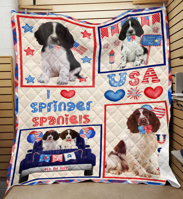 4th of July Independence Day I Love USA Springer Spaniel Dogs Quilt Bed Coverlet Bedspread - Pets Comforter Unique One-side Animal Printing - Soft Lightweight Durable Washable Polyester Quilt