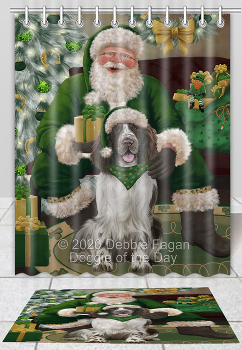 Christmas Irish Santa with Gift Springer Spaniel Dog Bath Mat and Shower Curtain Combo