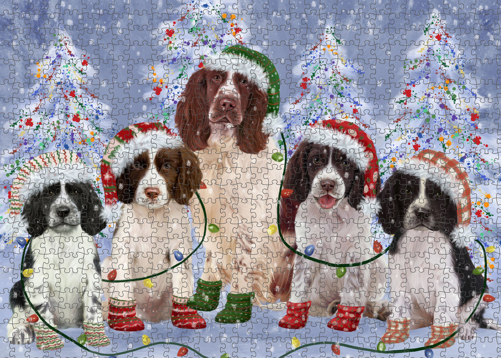 Christmas Lights and Springer Spaniel Dogs Portrait Jigsaw Puzzle for Adults Animal Interlocking Puzzle Game Unique Gift for Dog Lover's with Metal Tin Box