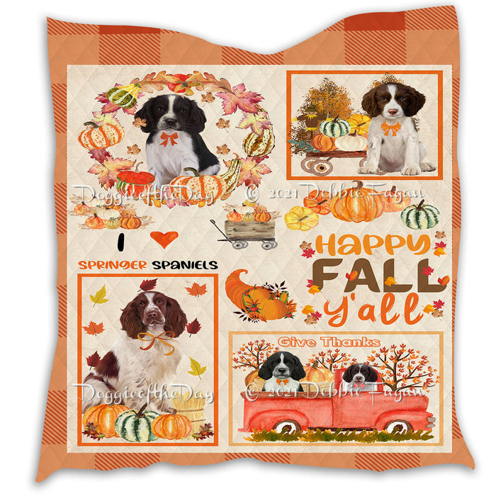 Happy Fall Y'all Pumpkin Springer Spaniel Dogs Quilt Bed Coverlet Bedspread - Pets Comforter Unique One-side Animal Printing - Soft Lightweight Durable Washable Polyester Quilt