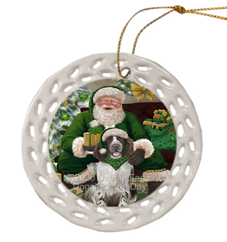 Christmas Irish Santa with Gift and Springer Spaniel Dog Doily Ornament DPOR59533