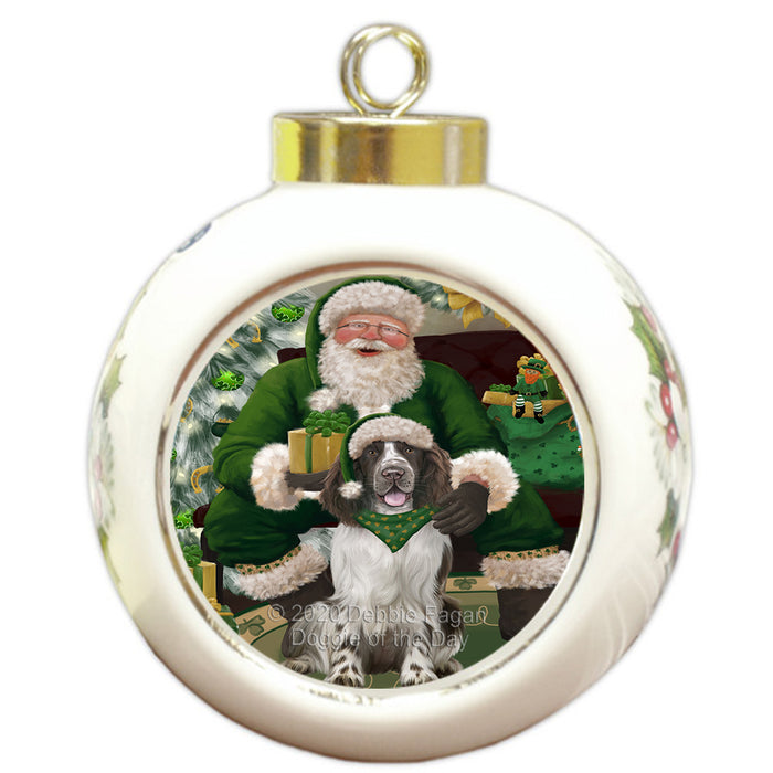 Christmas Irish Santa with Gift and Springer Spaniel Dog Round Ball Christmas Ornament RBPOR57971