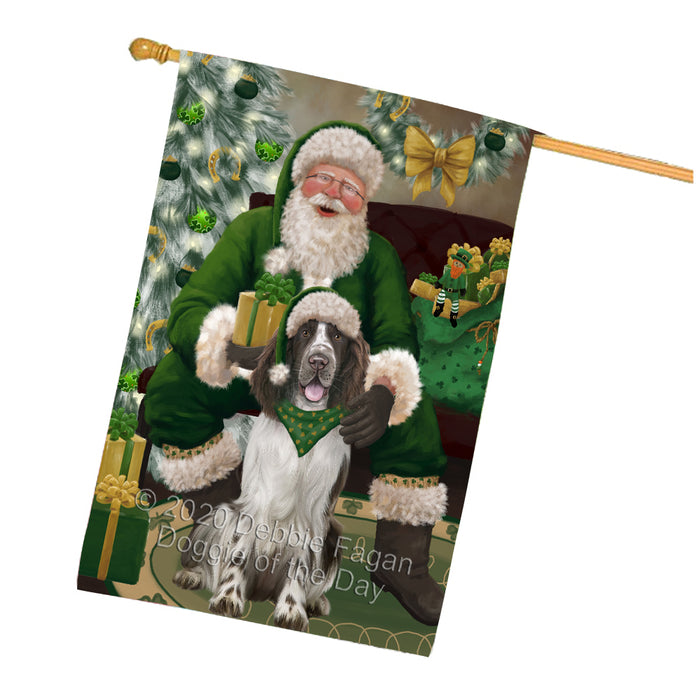Christmas Irish Santa with Gift and Springer Spaniel Dog House Flag FLG66743