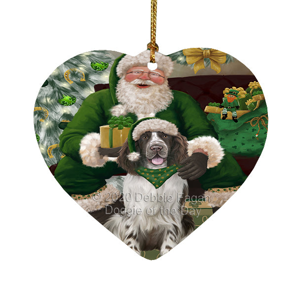 Christmas Irish Santa with Gift and Springer Spaniel Dog Heart Christmas Ornament RFPOR58313