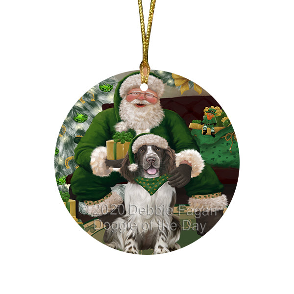 Christmas Irish Santa with Gift and Springer Spaniel Dog Round Flat Christmas Ornament RFPOR57971