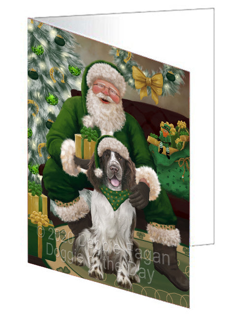 Christmas Irish Santa with Gift and Springer Spaniel Dog Handmade Artwork Assorted Pets Greeting Cards and Note Cards with Envelopes for All Occasions and Holiday Seasons GCD75983