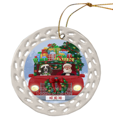 Christmas Honk Honk Red Truck with Santa and Springer Spaniel Dog Doily Ornament DPOR59392