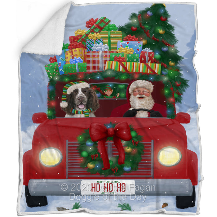 Christmas Honk Honk Red Truck Here Comes with Santa and Springer Spaniel Dog Blanket BLNKT141073