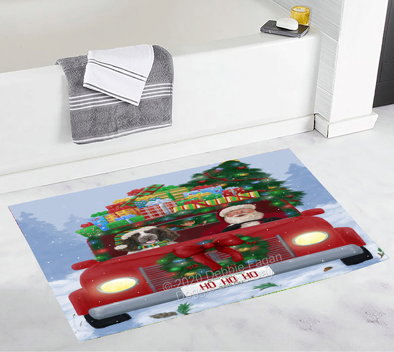 Christmas Honk Honk Red Truck Here Comes with Santa and Springer Spaniel Dog Bath Mat BRUG53875