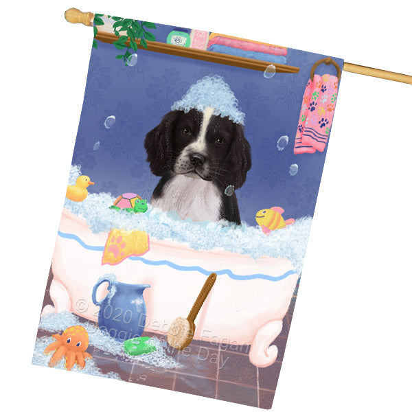 Rub a Dub Dogs in a Tub Springer Spaniel Dog House Flag Outdoor Decorative Double Sided Pet Portrait Weather Resistant Premium Quality Animal Printed Home Decorative Flags 100% Polyester FLG69148