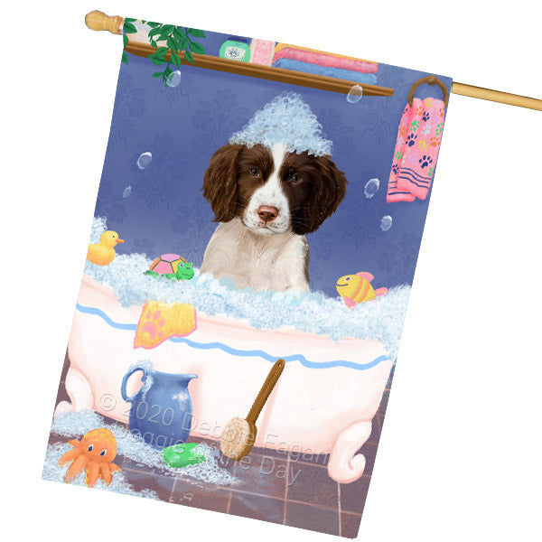 Rub a Dub Dogs in a Tub Springer Spaniel Dog House Flag Outdoor Decorative Double Sided Pet Portrait Weather Resistant Premium Quality Animal Printed Home Decorative Flags 100% Polyester FLG69149