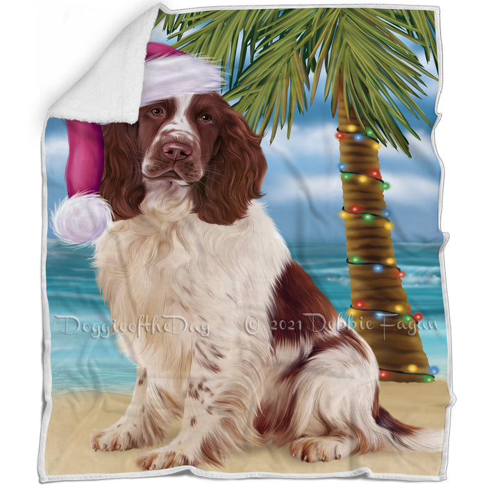 Summertime Happy Holidays Christmas Springer Spaniel Dog on Tropical Island Beach Blanket BLNKT143449
