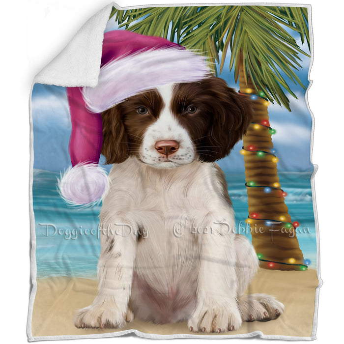 Summertime Happy Holidays Christmas Springer Spaniel Dog on Tropical Island Beach Blanket BLNKT143450