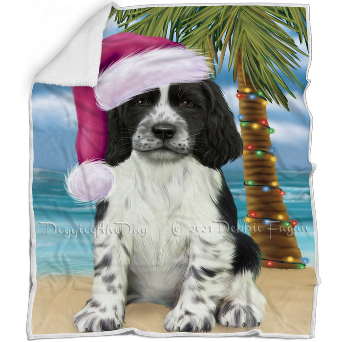 Summertime Happy Holidays Christmas Springer Spaniel Dog on Tropical Island Beach Blanket BLNKT143451