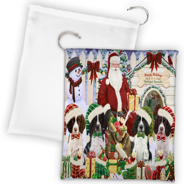 Happy Holidays Christmas Springer Spaniel Dogs House Gathering Drawstring Laundry or Gift Bag LGB48085