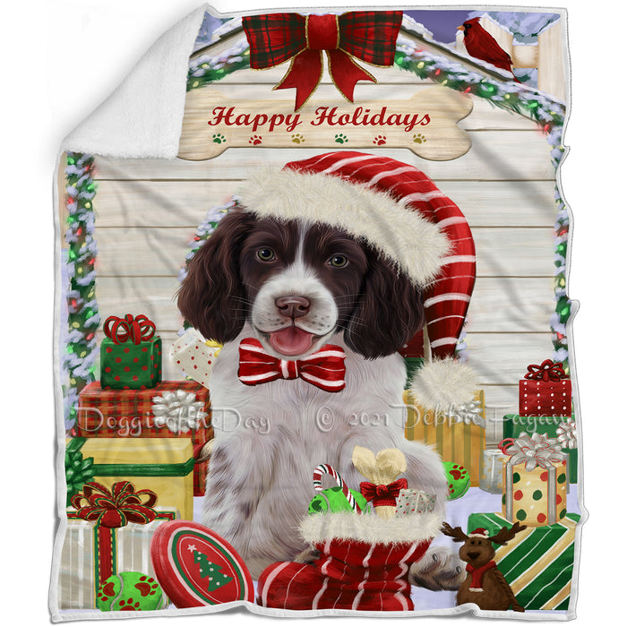 Happy Holidays Christmas Springer Spaniel Dog House with Presents Blanket BLNKT142144