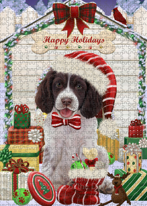 Christmas House with Presents Springer Spaniel Dog Portrait Jigsaw Puzzle for Adults Animal Interlocking Puzzle Game Unique Gift for Dog Lover's with Metal Tin Box PZL665