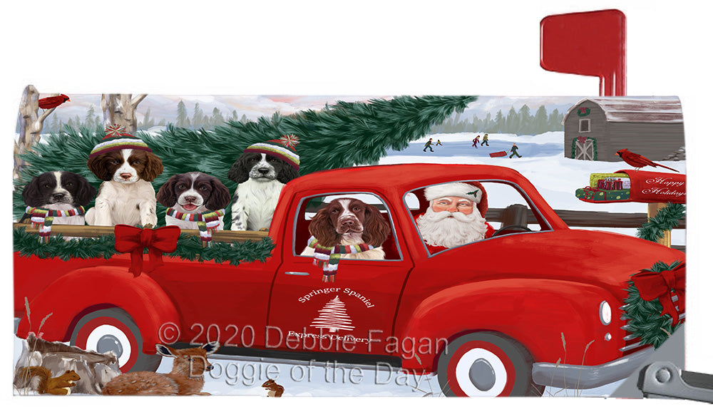 Christmas Santa Express Delivery Red Truck Springer Spaniel Dogs Magnetic Mailbox Cover Both Sides Pet Theme Printed Decorative Letter Box Wrap Case Postbox Thick Magnetic Vinyl Material