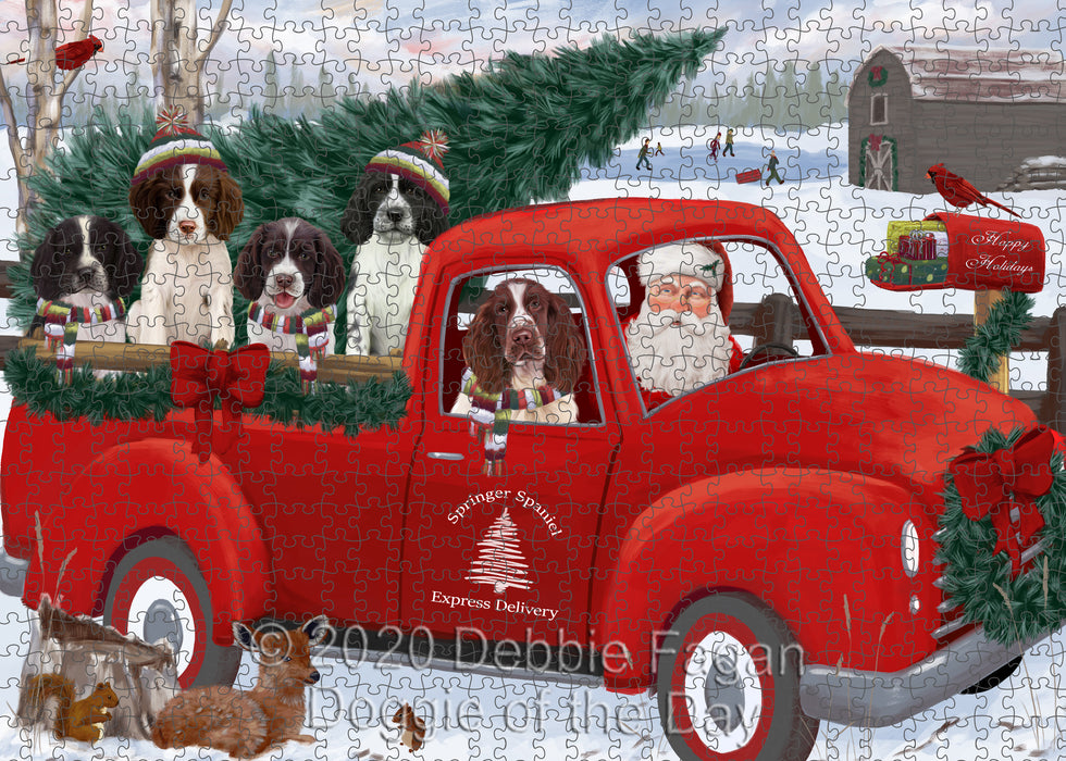Christmas Santa Express Delivery Red Truck Springer Spaniel Dogs Portrait Jigsaw Puzzle for Adults Animal Interlocking Puzzle Game Unique Gift for Dog Lover's with Metal Tin Box