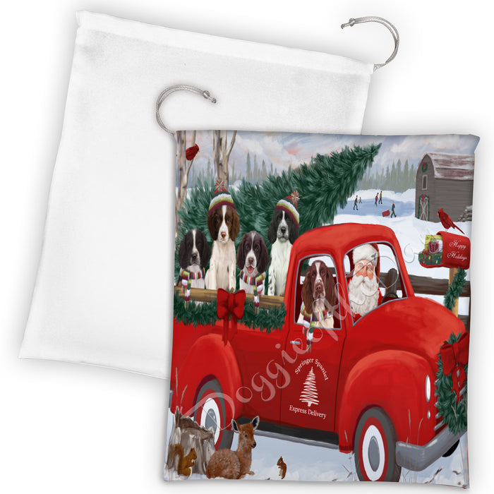 Christmas Santa Express Delivery Red Truck Springer Spaniel Dogs Drawstring Laundry or Gift Bag LGB48346