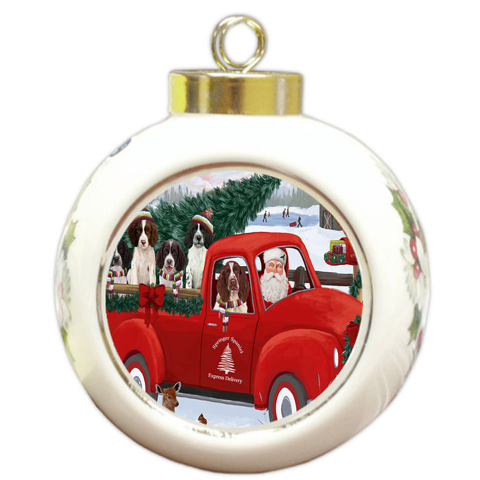 Christmas Santa Express Delivery Red Truck Springer Spaniel Dogs Round Ball Christmas Ornament Pet Decorative Hanging Ornaments for Christmas X-mas Tree Decorations - 3" Round Ceramic Ornament