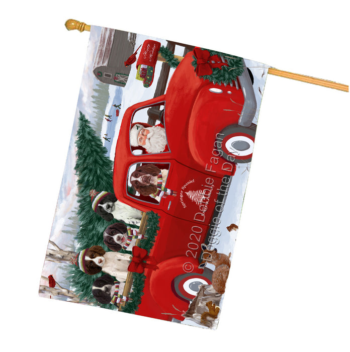 Christmas Santa Express Delivery Red Truck Springer Spaniel Dogs House Flag Outdoor Decorative Double Sided Pet Portrait Weather Resistant Premium Quality Animal Printed Home Decorative Flags 100% Polyester