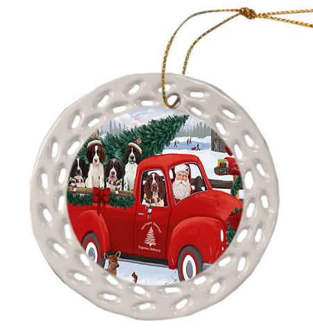 Christmas Santa Express Delivery Red Truck Springer Spaniel Dogs Doily Ornament DPOR58880