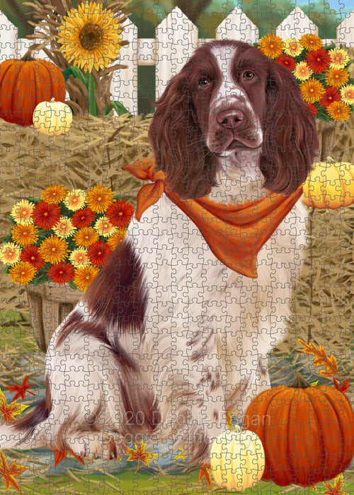 Fall Pumpkin Autumn Greeting Springer Spaniel Dog Portrait Jigsaw Puzzle for Adults Animal Interlocking Puzzle Game Unique Gift for Dog Lover's with Metal Tin Box PZL760