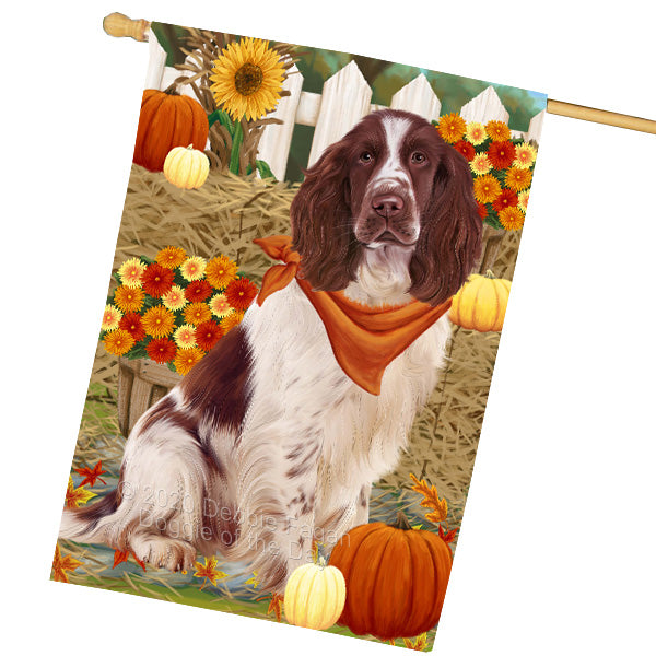 Fall Pumpkin Autumn Greeting Springer Spaniel Dog House Flag Outdoor Decorative Double Sided Pet Portrait Weather Resistant Premium Quality Animal Printed Home Decorative Flags 100% Polyester FLG69397