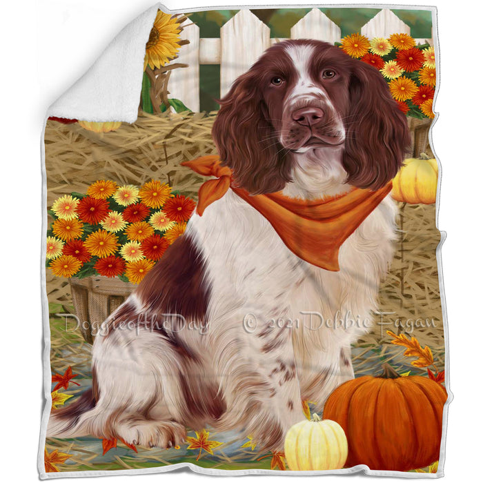 Fall Autumn Greeting Springer Spaniel Dog with Pumpkins Blanket BLNKT142452