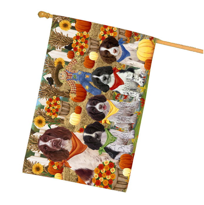 Fall Festive Gathering Springer Spaniel Dogs House Flag Outdoor Decorative Double Sided Pet Portrait Weather Resistant Premium Quality Animal Printed Home Decorative Flags 100% Polyester
