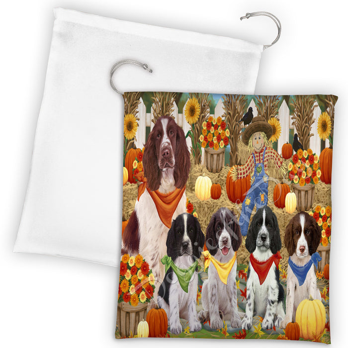 Fall Festive Harvest Time Gathering Springer Spaniel Dogs Drawstring Laundry or Gift Bag LGB48443