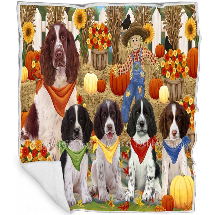 Fall Festive Gathering Springer Spaniel Dogs with Pumpkins Blanket BLNKT142421