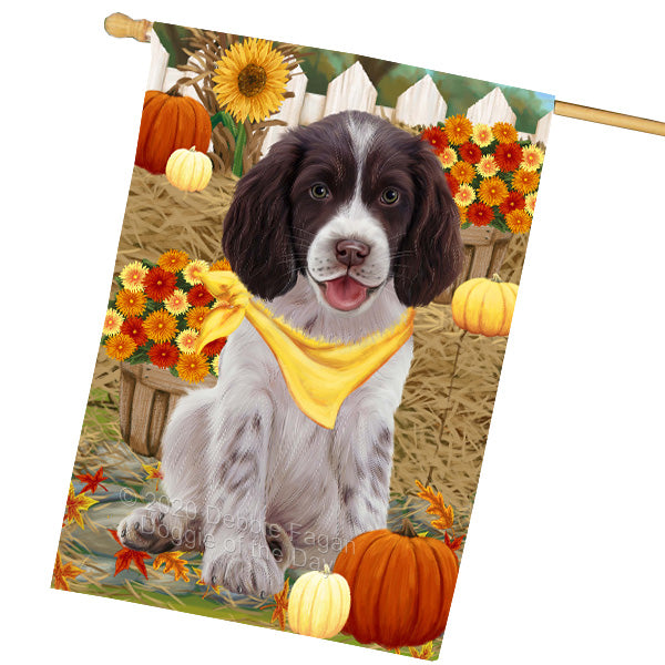 Fall Pumpkin Autumn Greeting Springer Spaniel Dog House Flag Outdoor Decorative Double Sided Pet Portrait Weather Resistant Premium Quality Animal Printed Home Decorative Flags 100% Polyester FLG69398