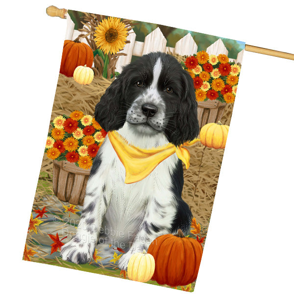 Fall Pumpkin Autumn Greeting Springer Spaniel Dog House Flag Outdoor Decorative Double Sided Pet Portrait Weather Resistant Premium Quality Animal Printed Home Decorative Flags 100% Polyester FLG69399