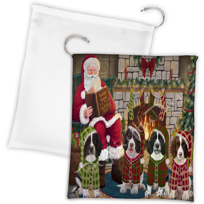 Christmas Cozy Holiday Fire Tails Springer Spaniel Dogs Drawstring Laundry or Gift Bag LGB48540