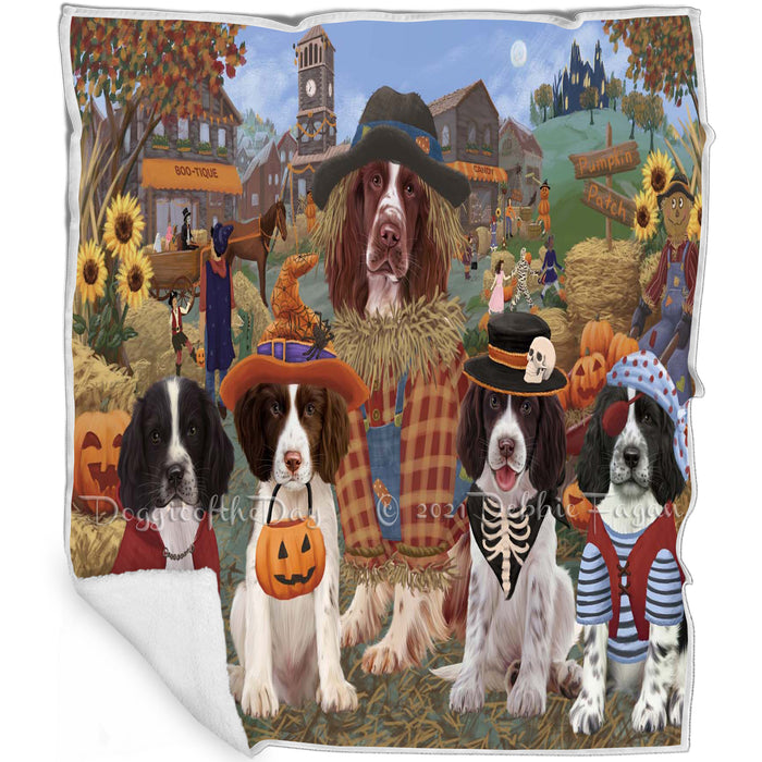Halloween 'Round Town And Fall Pumpkin Scarecrow Both Springer Spaniel Dogs Blanket BLNKT143662