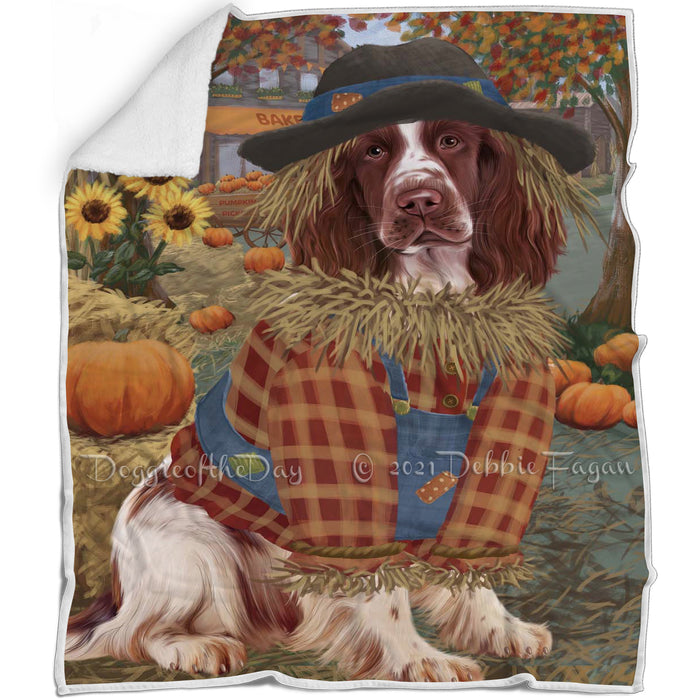 Halloween 'Round Town And Fall Pumpkin Scarecrow Both Springer Spaniel Dogs Blanket BLNKT143663