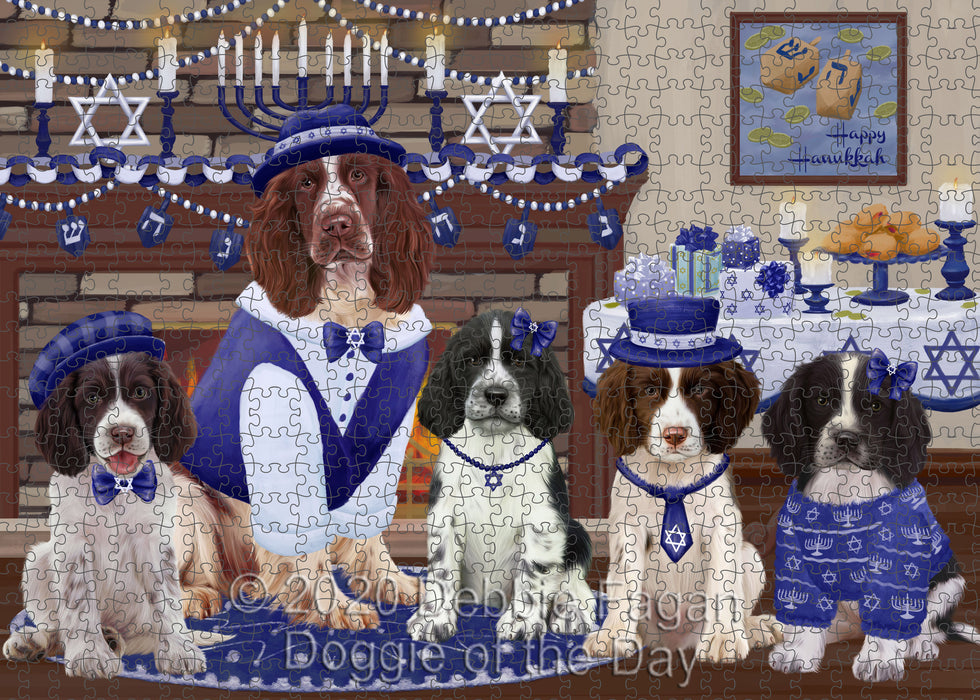 Happy Hanukkah Family Springer Spaniel Dogs Portrait Jigsaw Puzzle for Adults Animal Interlocking Puzzle Game Unique Gift for Dog Lover's with Metal Tin Box