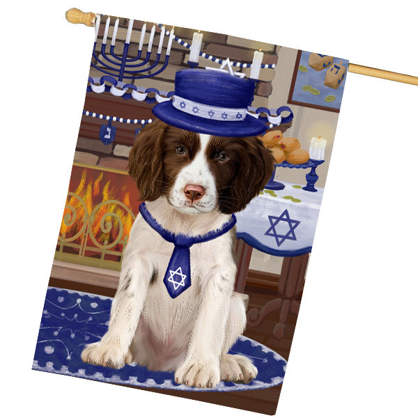 Happy Hanukkah Springer Spaniel Dog House Flag Outdoor Decorative Double Sided Pet Portrait Weather Resistant Premium Quality Animal Printed Home Decorative Flags 100% Polyester