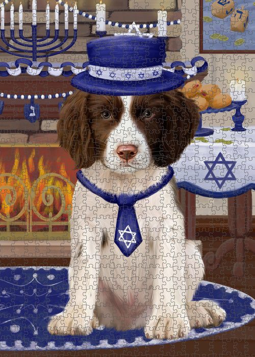 Happy Hanukkah Springer Spaniel Dog Portrait Jigsaw Puzzle for Adults Animal Interlocking Puzzle Game Unique Gift for Dog Lover's with Metal Tin Box PZL481